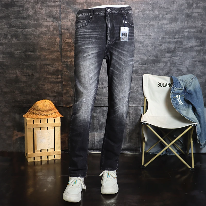 

Fashion Designer Men Jeans High Quality Retro Black Gray Stretch Slim Fit Ripped Jeans Men Vintage Casual Denim Pants Hombre