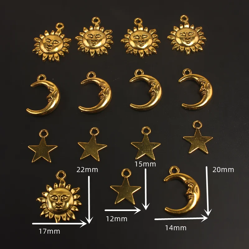 15pcs Mixed Antique Gold Color Sun Moon Star Alloy pendant DIY Charms Bracelet Earrings Jewelry Carfts Making M2200