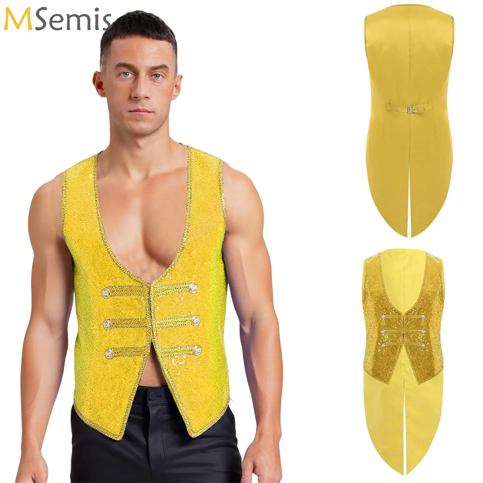 

Men Sequins Ringmaster Tailcoat Vest Asymmetrical Hem Gold Trim Arabian Prince Jacket for Halloween Theme Party Role-Playing