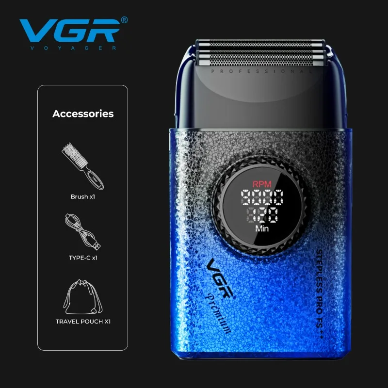 vgr-v-377blue-graduated-reciprocating-electric-shaver-high-speed-motor-digital-charging-men's-professional-shaver