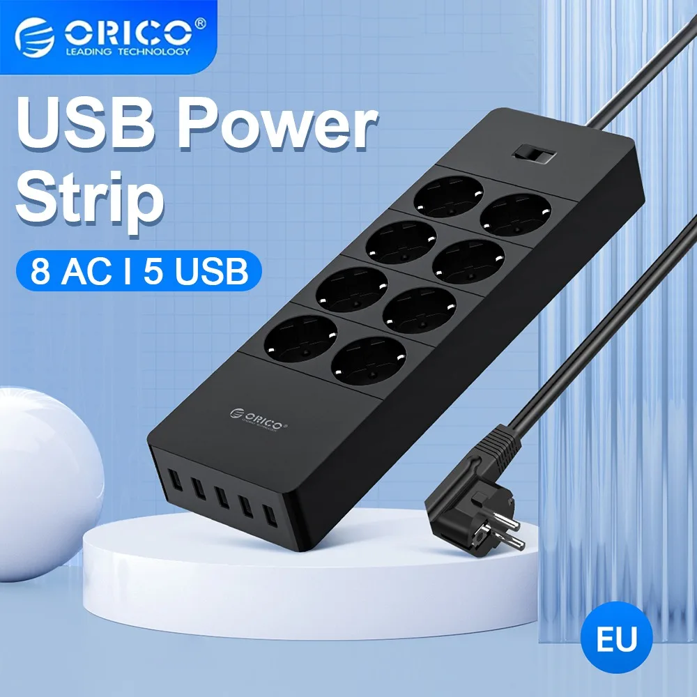 ORICO 범용 전기 소켓 EU 플러그, 스마트 익스텐션 멀티탭, 홈 오피스 서지 보호대 4 6 8 AC, 5 USB HPC-8A5U 포함