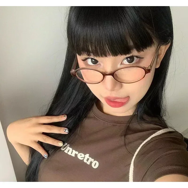 Japanese Retro Oval Glasses Frame for Women Y2K Ins No Makeup Plain Glasses Men Girls Eyewear Cute Decorative Computer Glasses