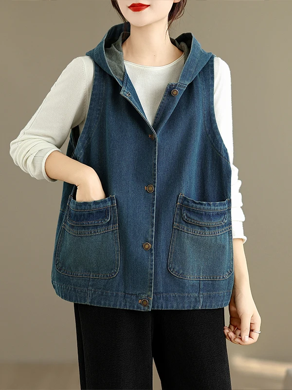 

Slimming Casual Women's Denim Vest Hooded Svel Jaet Waed Outerwear Faionable ort Coat for Ladies Autumn Season