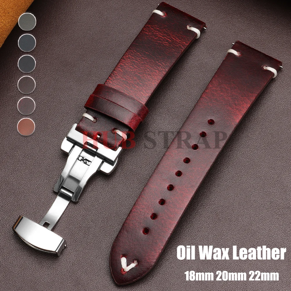 18mm 20mm 22mmBracelet for Seiko Vintage Oil Wax Leather Watch Band Men Women Butterfly Buckle Stitching Cowhide Strap for Omega