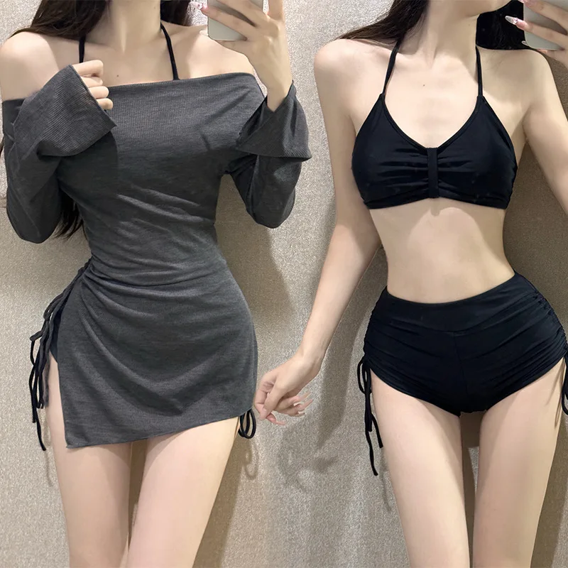 sexy Korean Fashion Conservative Bikinis Sets Three Pieces Solid Plain Bikini Shorts with Grey Cover Smock Swimsuit Biquini