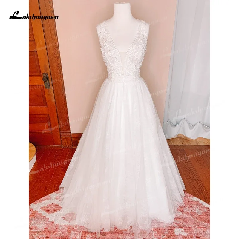 Boho a linha vestidos de casamento personalizado para as mulheres 2025 vestido de noiva sexy com decote em v cintas de espaguete sem costas rendas miçangas varredura vestidos