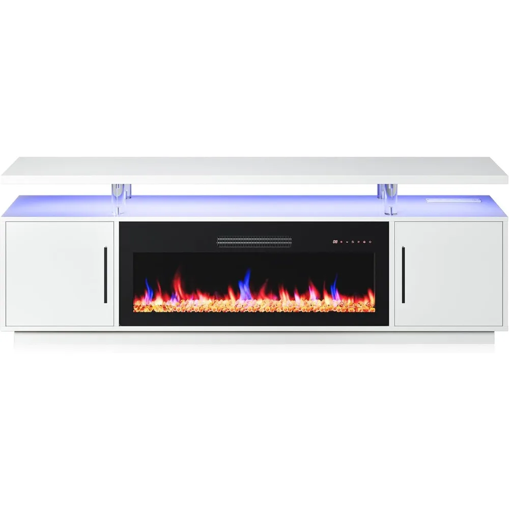 BELLEZE 79 Soporte para TV para televisores de hasta 85, centro de entretenimiento con luz LED y 42 calentadores de chimenea eléctrica, gabinete de almacenamiento con USB