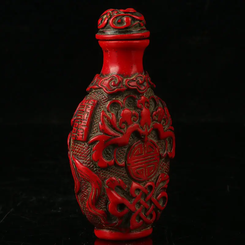 EXQUISITE CHINA RED CORAL RESIN HAND CARVED PATTERN SNUFF BOTTLE