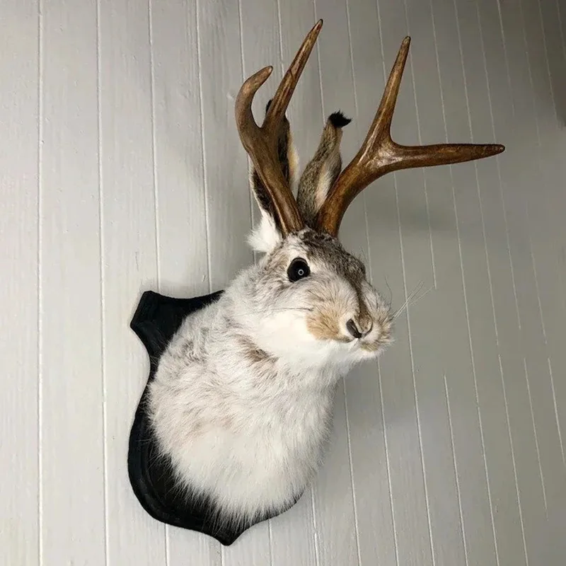 Jackalope Wall Decor, Bunny Head with Antlers Sculpture, Resin Animal Wall Mount Hanging Ornament for Bedroom Living Room