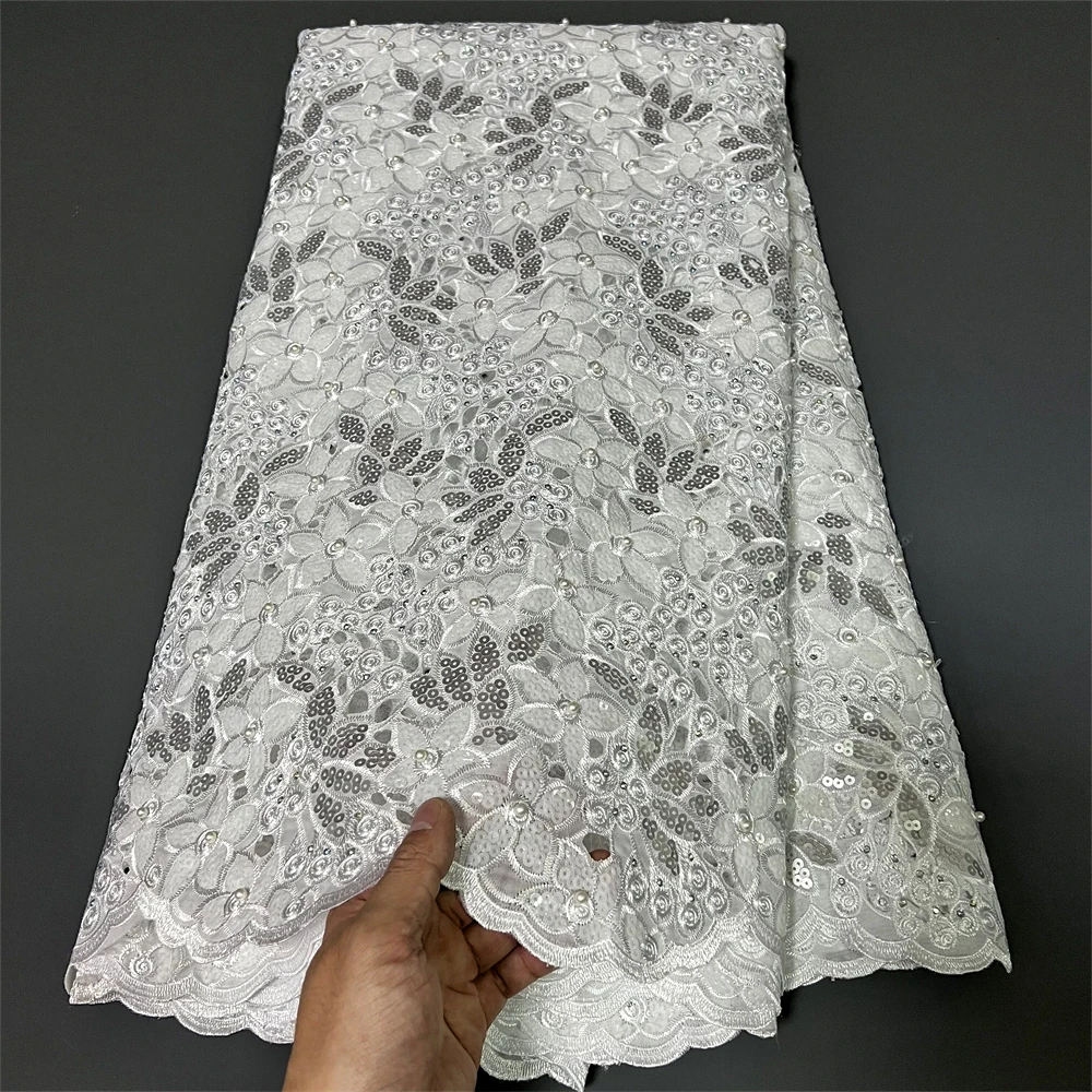 2025 Latest High Quality African Nigerian Pure Tulle Damask Lace Fabric Embroidery Party Dress Sequins Cotton 5yards