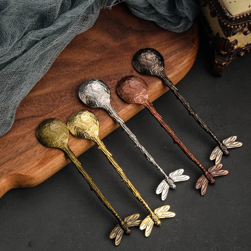 Vintage Palace Style Coffee Spoon Small Dragonfly Twig Leaves Afternoon Tea Dessert Scoop Creative Zinc Alloy Coffee Cake Spoon