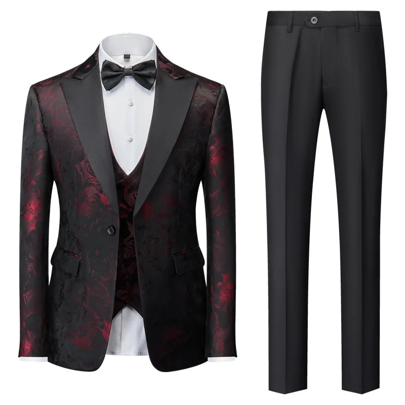 Europe and The United States Advanced Dark Flower Green Collar Suit Groom Wedding Dress Slim Men's Printed Suit Three-piece.