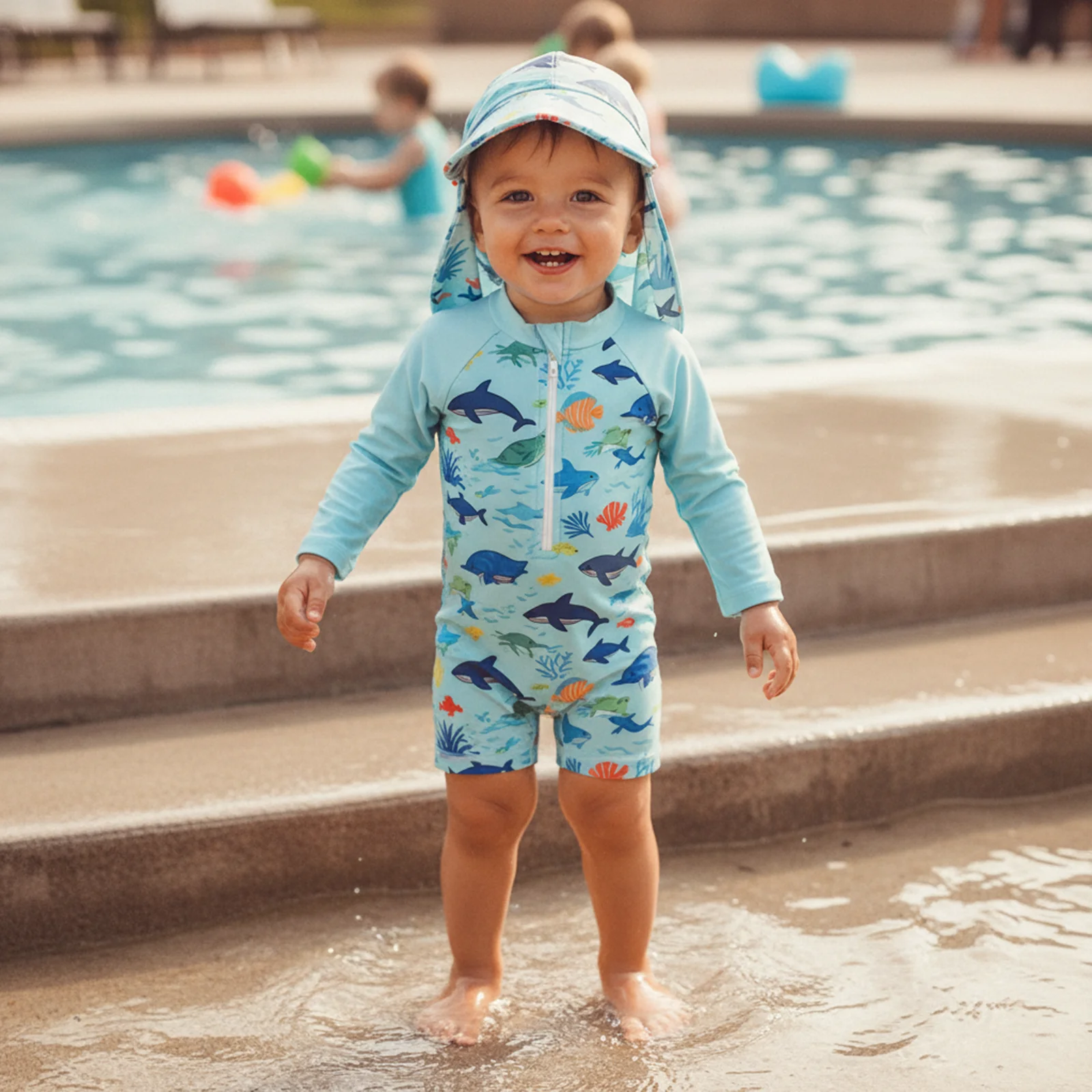 Toddler Baby Boys Rash Guard Swimsuit Romper Marine Print Long Sleeve Mock Neck Zipper Swimwear with Hat 2Pcs Set view 5