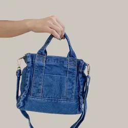 Denim Cloth Women Little Shoulder Bag Girl Light Blue Canvas Fabric Handbag Small Casual Tote Detachable Strap Lady Zipper Purse