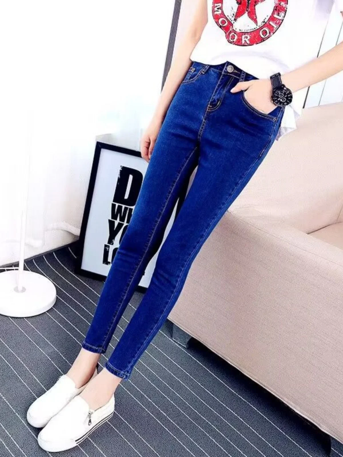 

Темно-синие облегающие эластичные джинсовые джинсы с высокой талией, женские корейские длинные брюки-карандаш на весну и осень с девятью точками