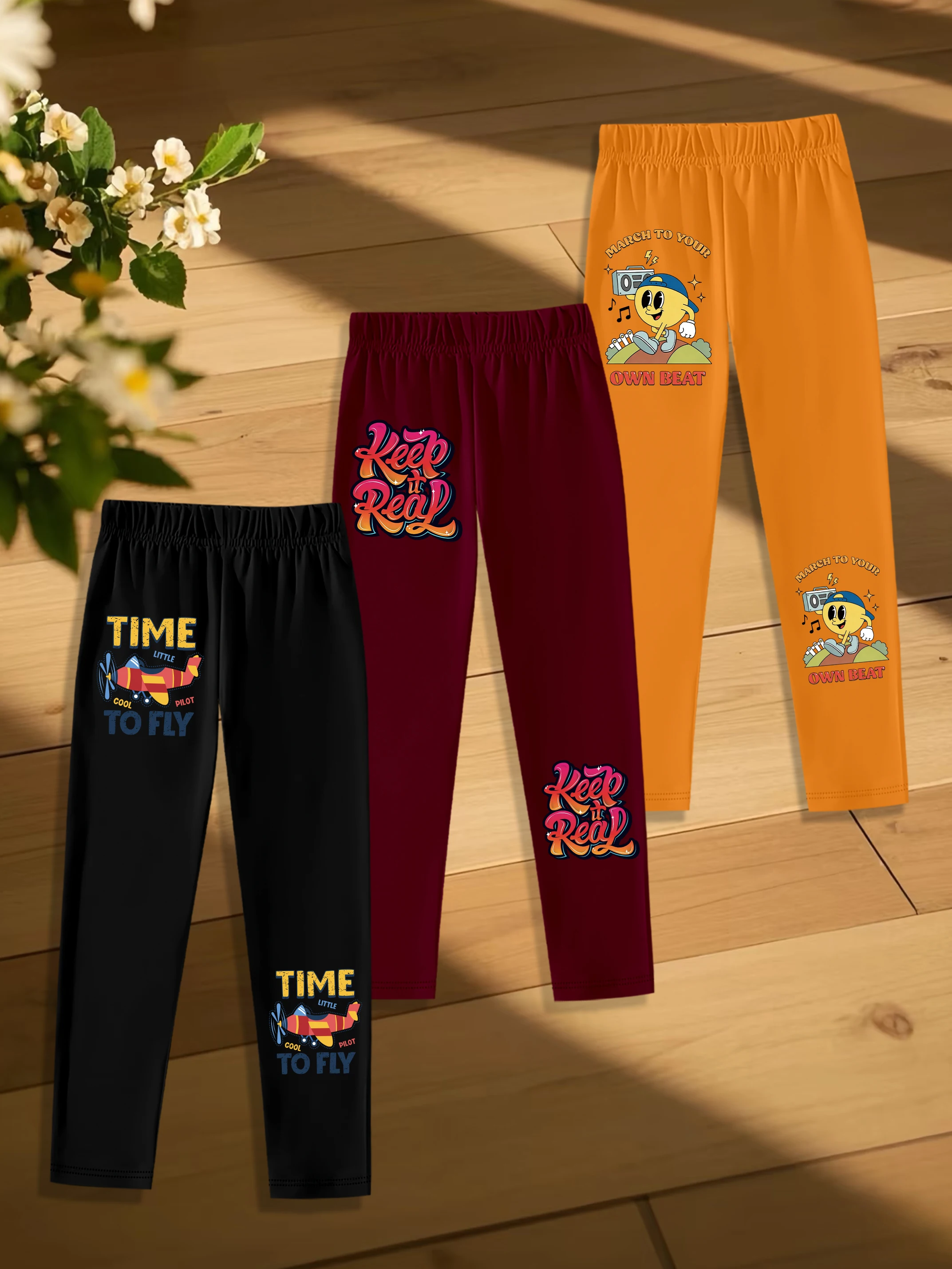 

3 шт.: Осенние повседневные леггинсы для мальчиков с принтами: самолет, английские буквы и луна