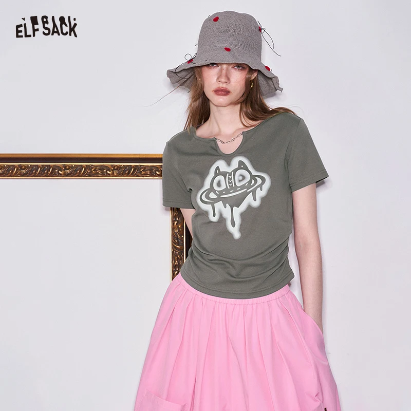 

ELFSACK Pink Drippy Heart Cat Print Crop T-Shirt, Notch Neck Ruched Slim Fit Tee, Cute Y2K Casual Top for Women