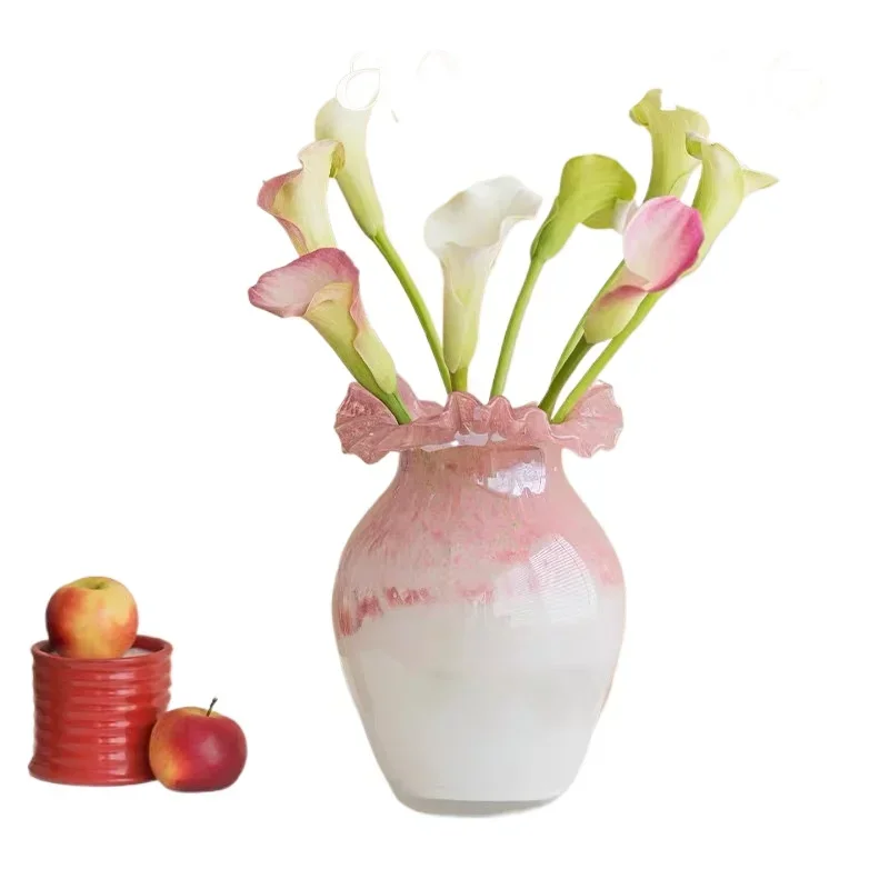 

Pink texture gradual change retro French Fenton high art handmade glazed glass vase flower arrangement ornament