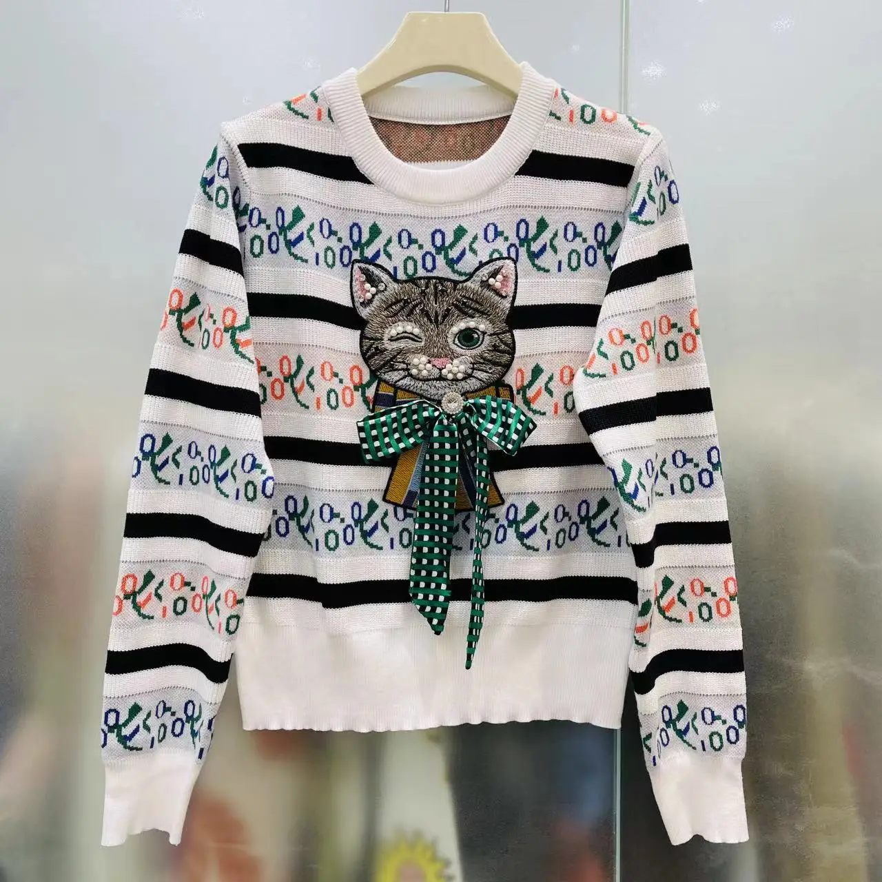 Cat Embroidered Beaded Stylish Sweater Tops Women Jacquard Striped Long Sleeve Pullovers 2024 Spring Vintage Elegant Jumpers