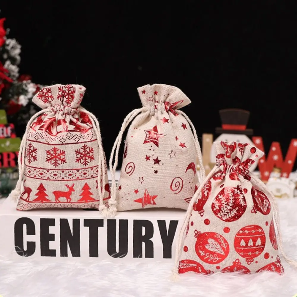 10Pcs Linen Christmas Candy Cotton Bag Santa Claus Hot Gold Christmas Bronzing Gift Bag Snowflake Drawstring Christmas Gift Bag