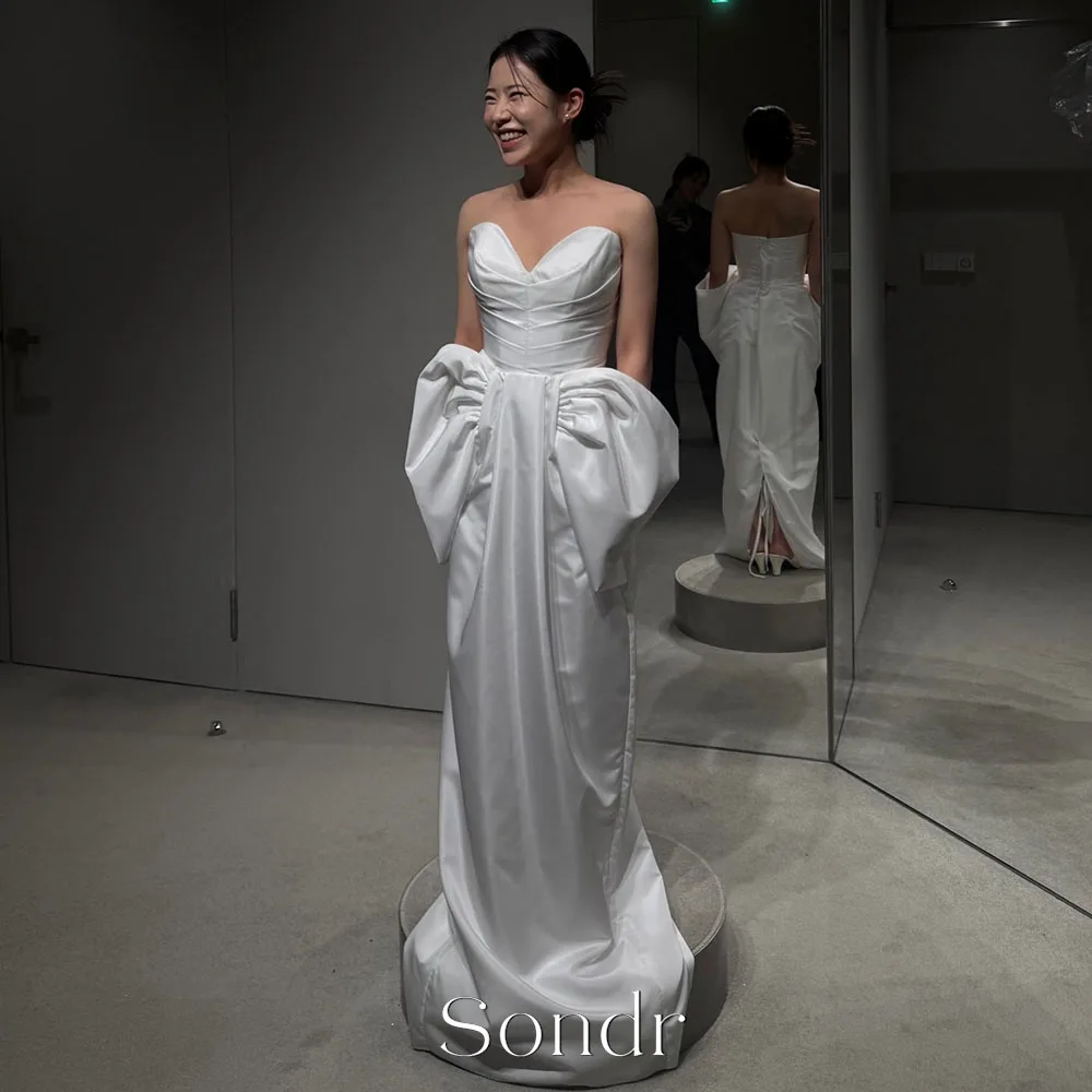 Sondr Customized Strapless Straight Korean Wedding Dresses Sweetheart Bow Satin Bridal Gown Corset Bacl