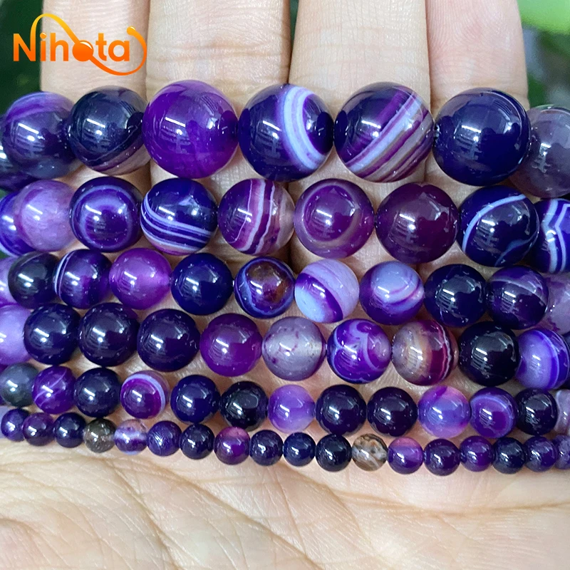 Natural Purple Banded Lace Striped Agates Round Stone Beads 4/6/8/10/12/14mm for Jewelry Making Handmade DIY Bracelet 15\