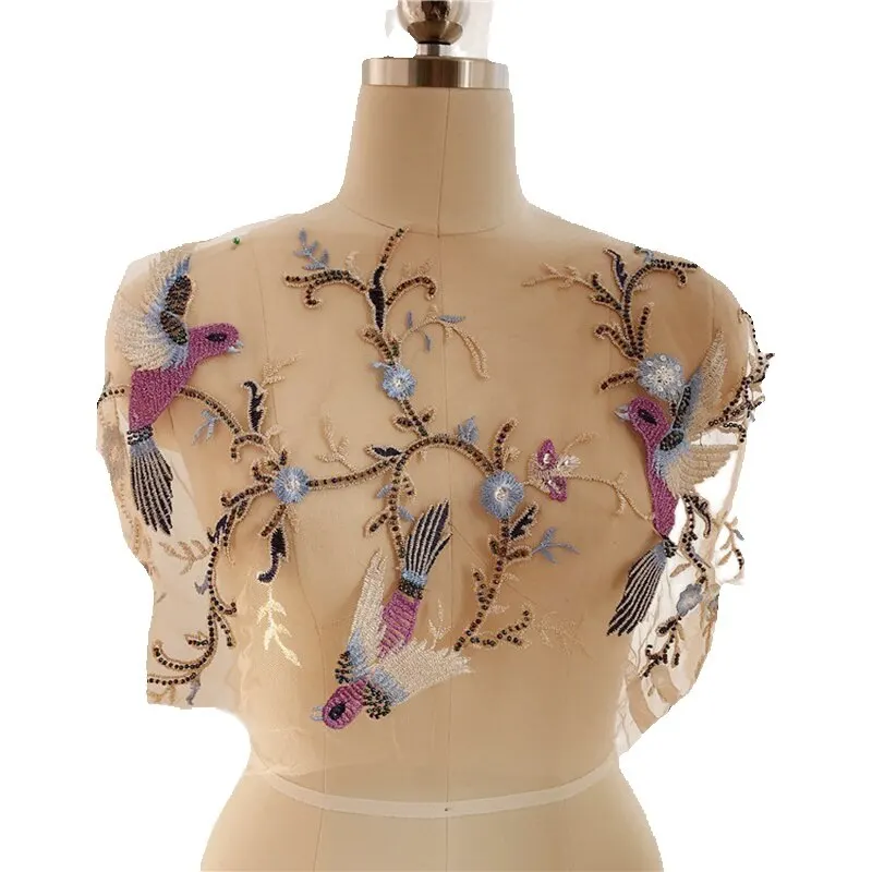 Millet Beads Embroidery Applique, Multicolor Flying Bird Lace Fabric Patch, RS1657