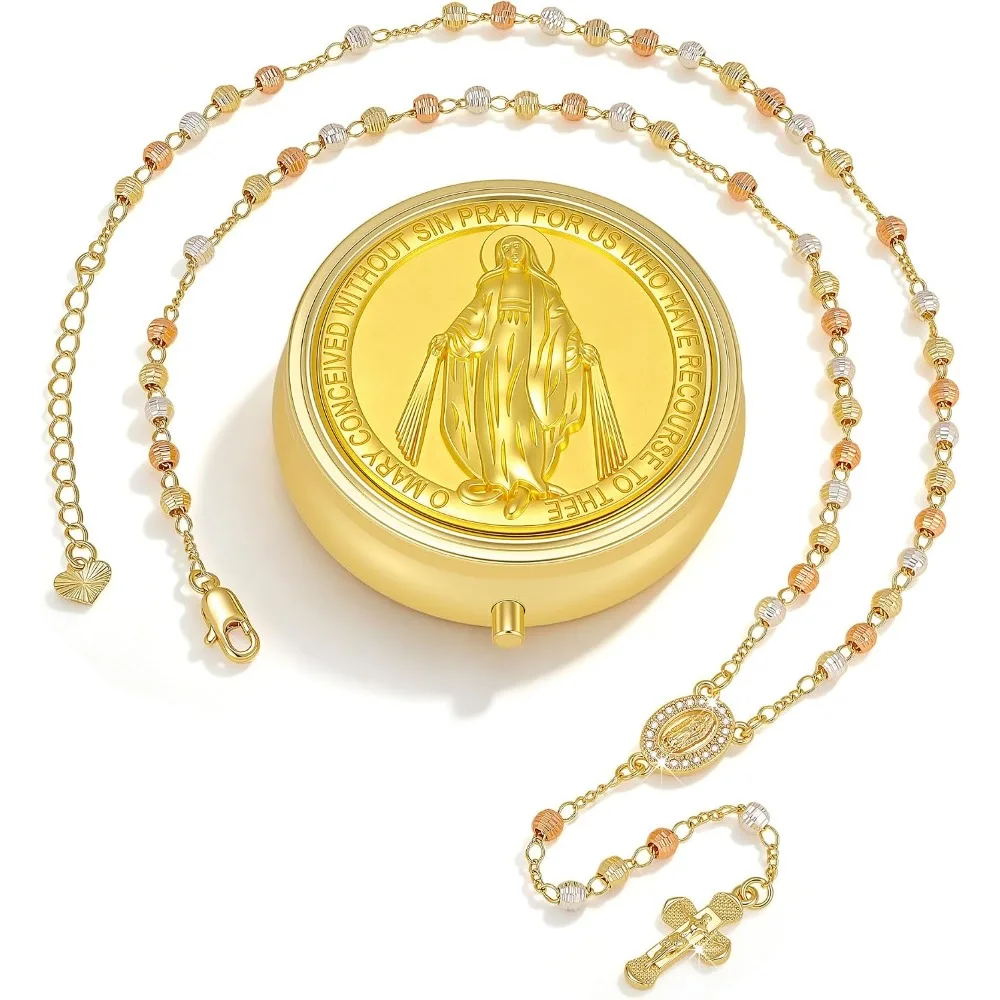 1-2 juegos de collar de rosario dorado con caja de almacenamiento con espejo, rosario católico con forma de Y de la Virgen María, recuerdo religioso para bautizo, iglesia.