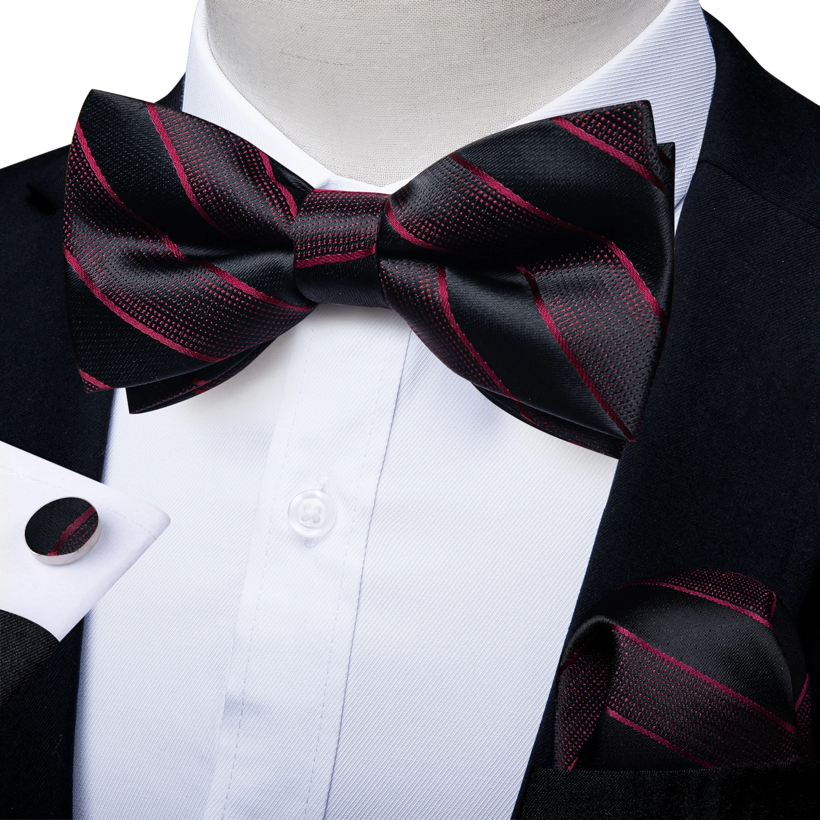 

Classic Red Black Striped Bowtie for Man Business Party Fashion Silk Pre-tied Bow Tie Pocket Square Cuffflinks Set Men Wedding