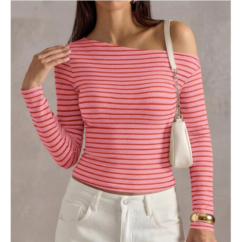 Women's Fashion T-Shirt Casual Striped Diagonal Collar Top Long Sleeve Striped T-Shirt Strapless Korean Streetwear Women Bodycon