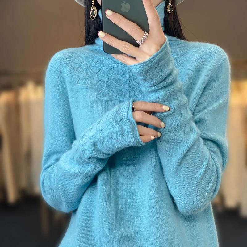 2023 Spring New Seamless Cashmere Sweater Women\'s Heap Neck Thread Hollow Knitted Top Fashion 100% Pure Wool Slim Fit  Pullover