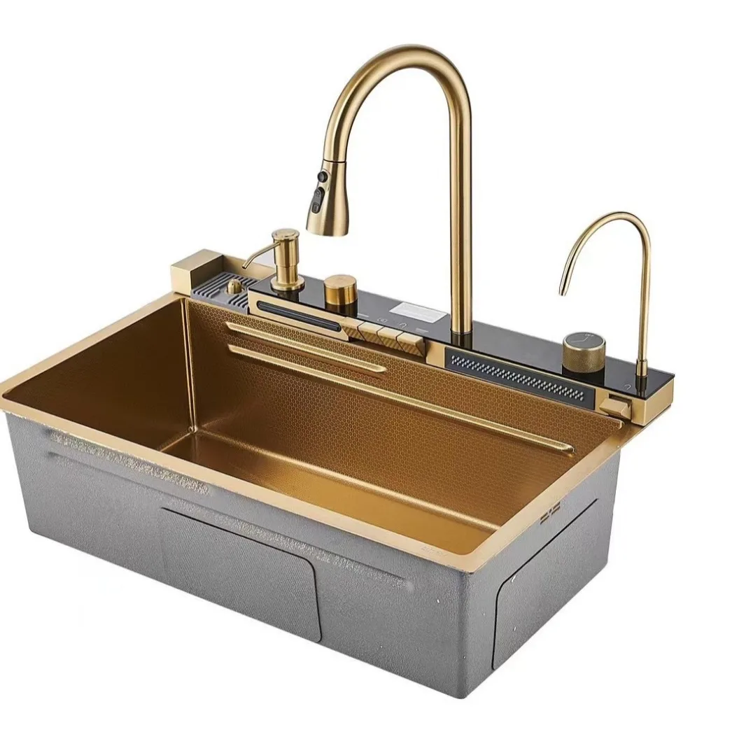 Kitchen 304 stainless steel sink large single slot honeycomb embossed whale waterfall sink golden household sink