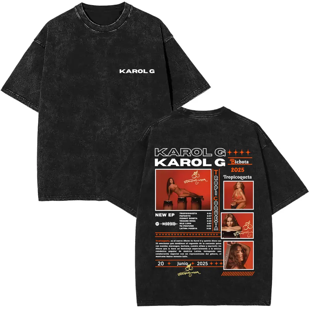

Washed Vintage Karol G Album Tropicoqueta 2025 T-shirt Men Women Hip Hop Fashion Oversized Short Sleeve T Shirts Tops Fans Gift