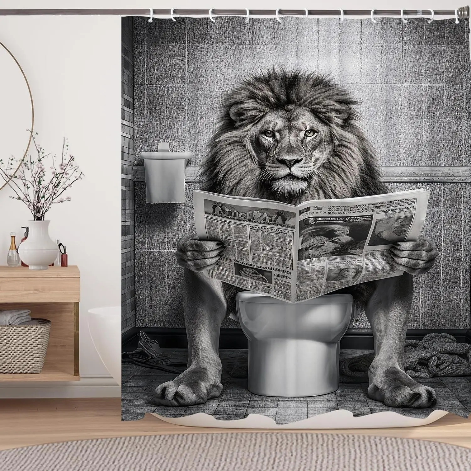 Funny Lion Shower Curtain, Fancy Humor Leo Animal on Toilet Shower Curtains Set, Black and White Funky Shower Curtains