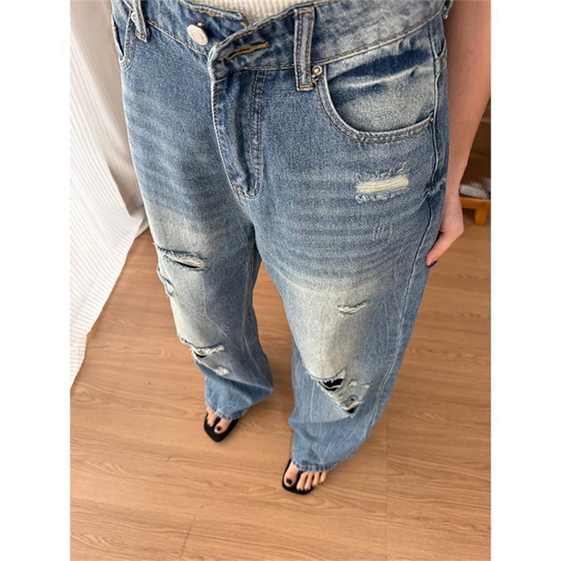

Women' Hole Breaking Design Blue Denim Trousers Young Girl Wide Legs Jeans Vintage Street Bottoms Female High Waisted Pants