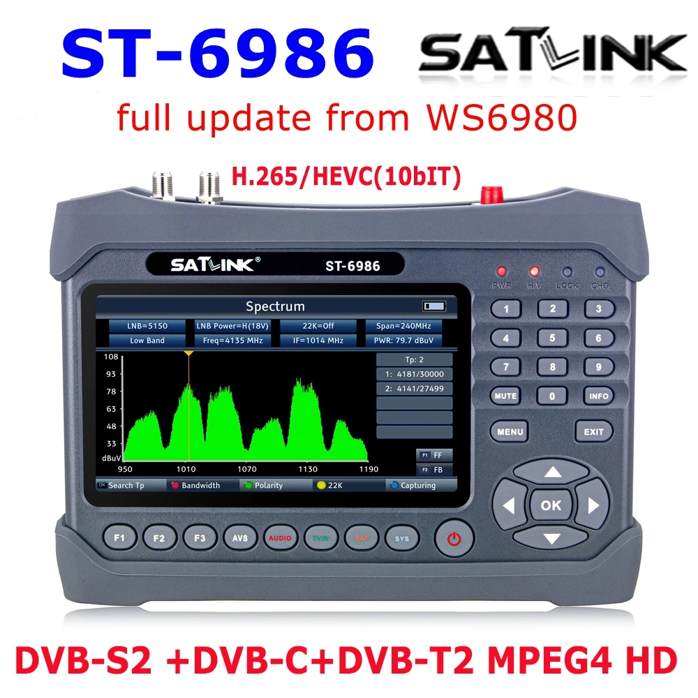 

SATLINK ST-6986 satellite finder DVB-S2 DVB-C DVB-T2 COMBO H.265 HEVC(10bit) MPEG-4 satellite Meter update from ST-5150 WS-6980