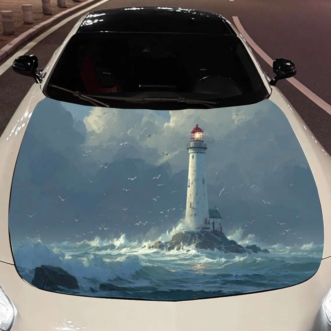 Lighthouse in Deep Sea Surge Car Vinyl Wrap, PVC Material Waterproof Car Hood Sticker, Self-Adhesive Scratch-Resistant Stickers