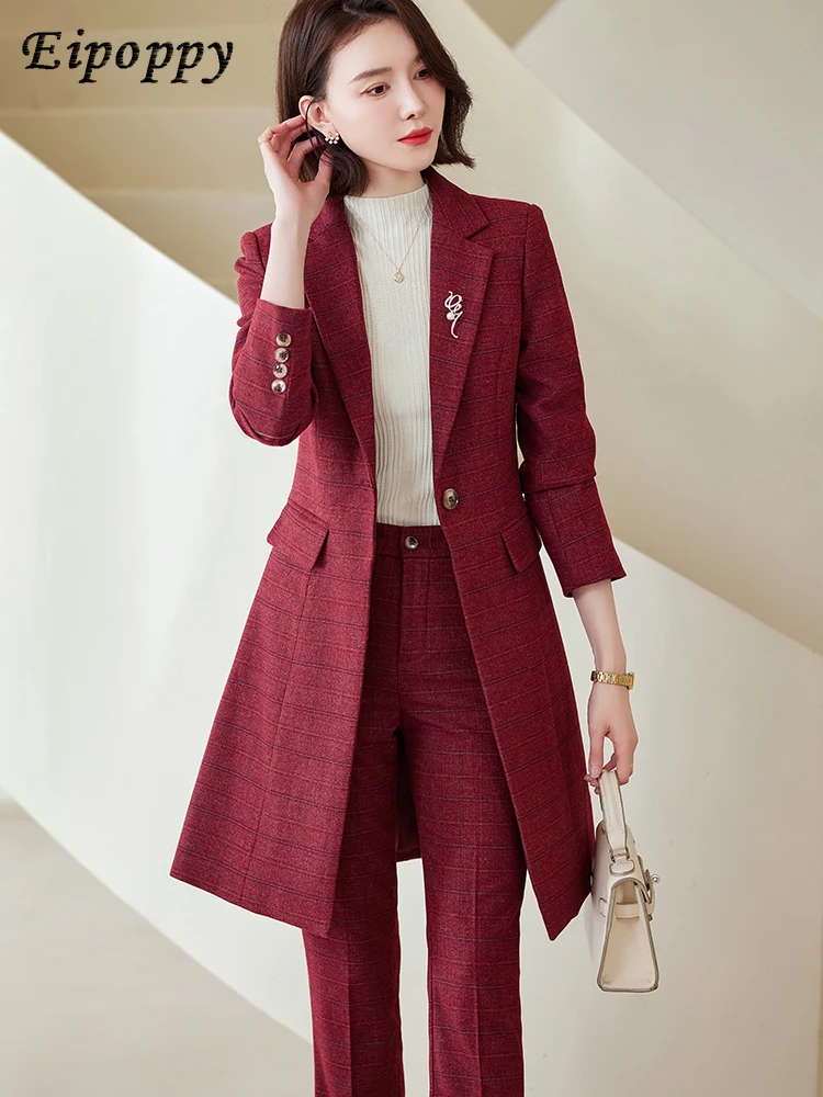 Women Work Business Wear Pant Suit Red Blue Black Coffee Plaid Long Blazer 2 Pieces Set Female Office Ladies Jacket and Trouser