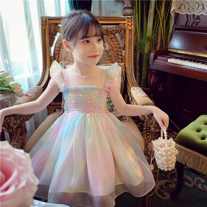 2024 New Summer Girl Princess Dress Children's Bow Sleeveless Gradient Rainbow Dress Birthday Party Evening Dress Girls Clothes