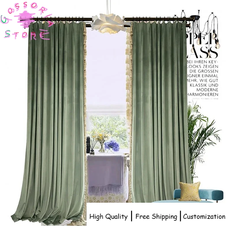 

Sample Custom Luxury French Green High Grade Tassel Velvet Curtains for Living Room Bedroom High Blackout American Villa Window