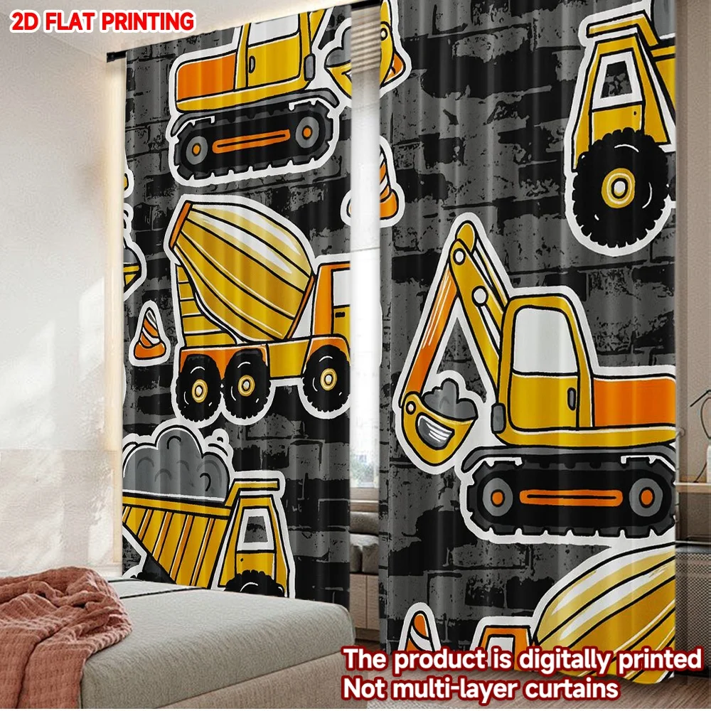 2pcs Construction Vehicle Curtains Flat Digital Printing, Cute Yellow Trucks on Concrete Texture Background for Kids Room Decor