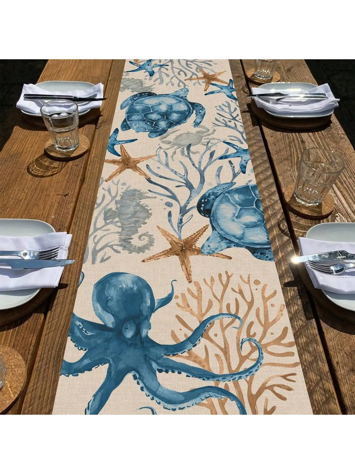 قطعة واحدة من مفرش طاولة على شكل سلحفاة، ديكور بحافة صيفية باللون الأزرق والأخضر المحيط، ديكور حفلات المنزل الداخلي والخارجي في المطبخ #4