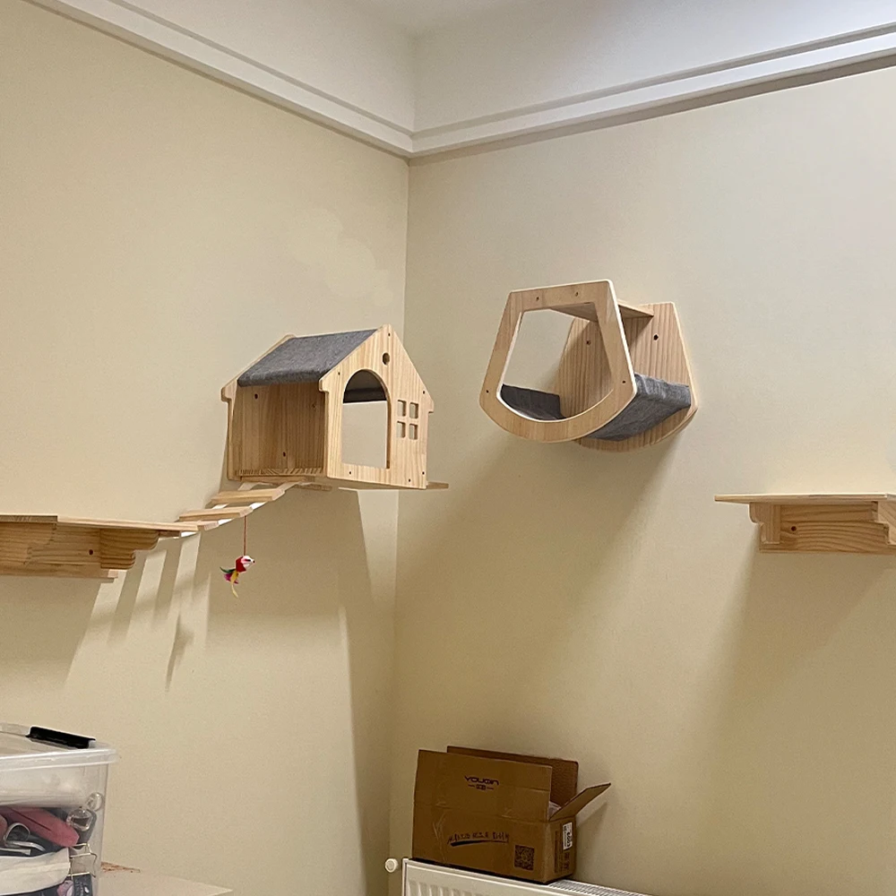 Wooden Wall Mounted Cat Climbing Shelves Cat House and Platform with Stairway for Kitten Playing and Sleeping Cat Accessories