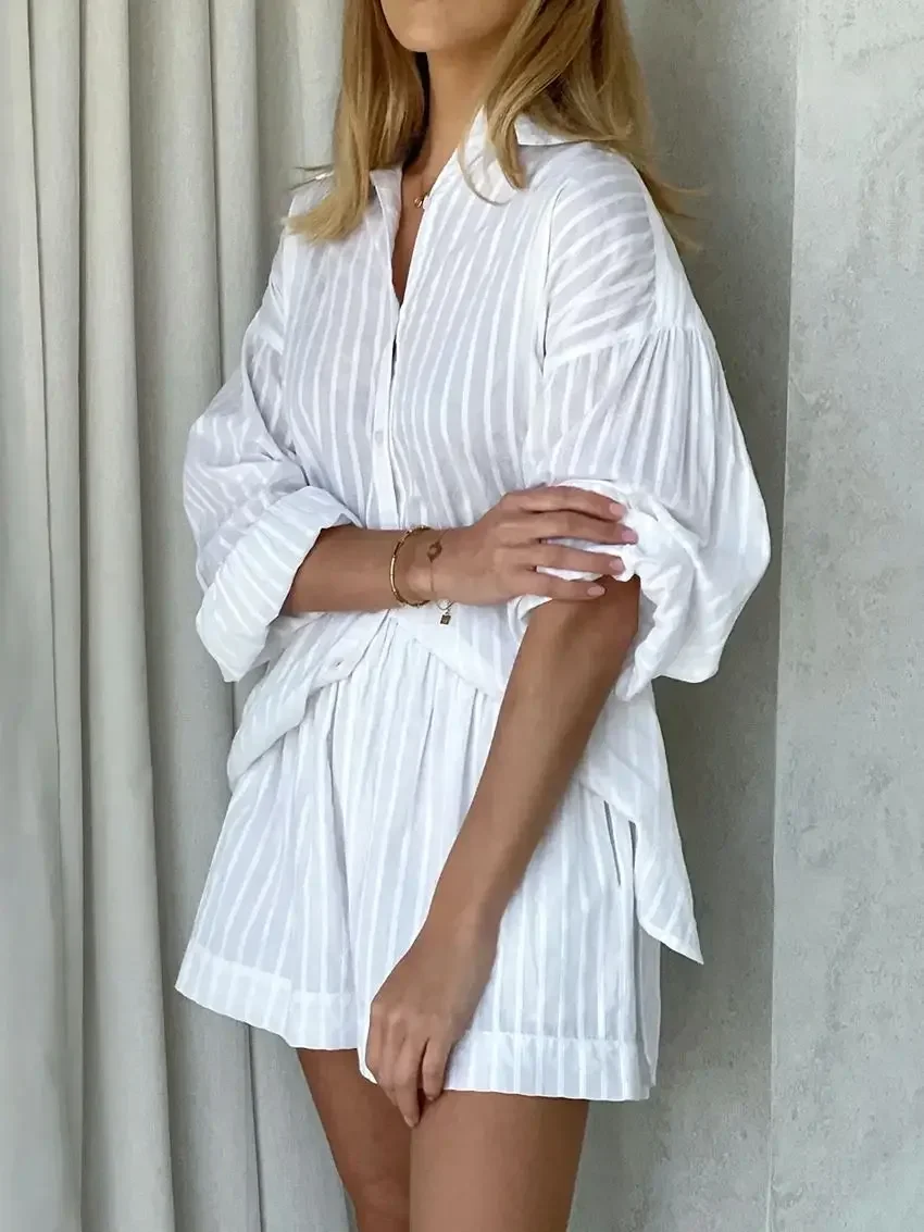 Blubelle – ensemble short décontracté en Jacquard rayé, 2 pièces, chemise confortable à revers, manches lanternes, tenue d'été, taille élastique, costumes
