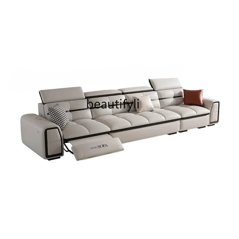 A85 Leather Function Electric Retractable Sofa Adjustable Space Capsule Home Theater Living Room Straight Row Three-Seat Zero Wa