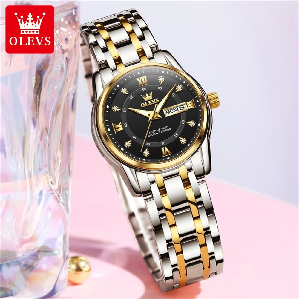 OLEVS-Reloj de lujo para mujer, pulsera elegante de diamantes a prueba de agua de acero inoxidable dorado, relojes de pulsera de cuarzo originales