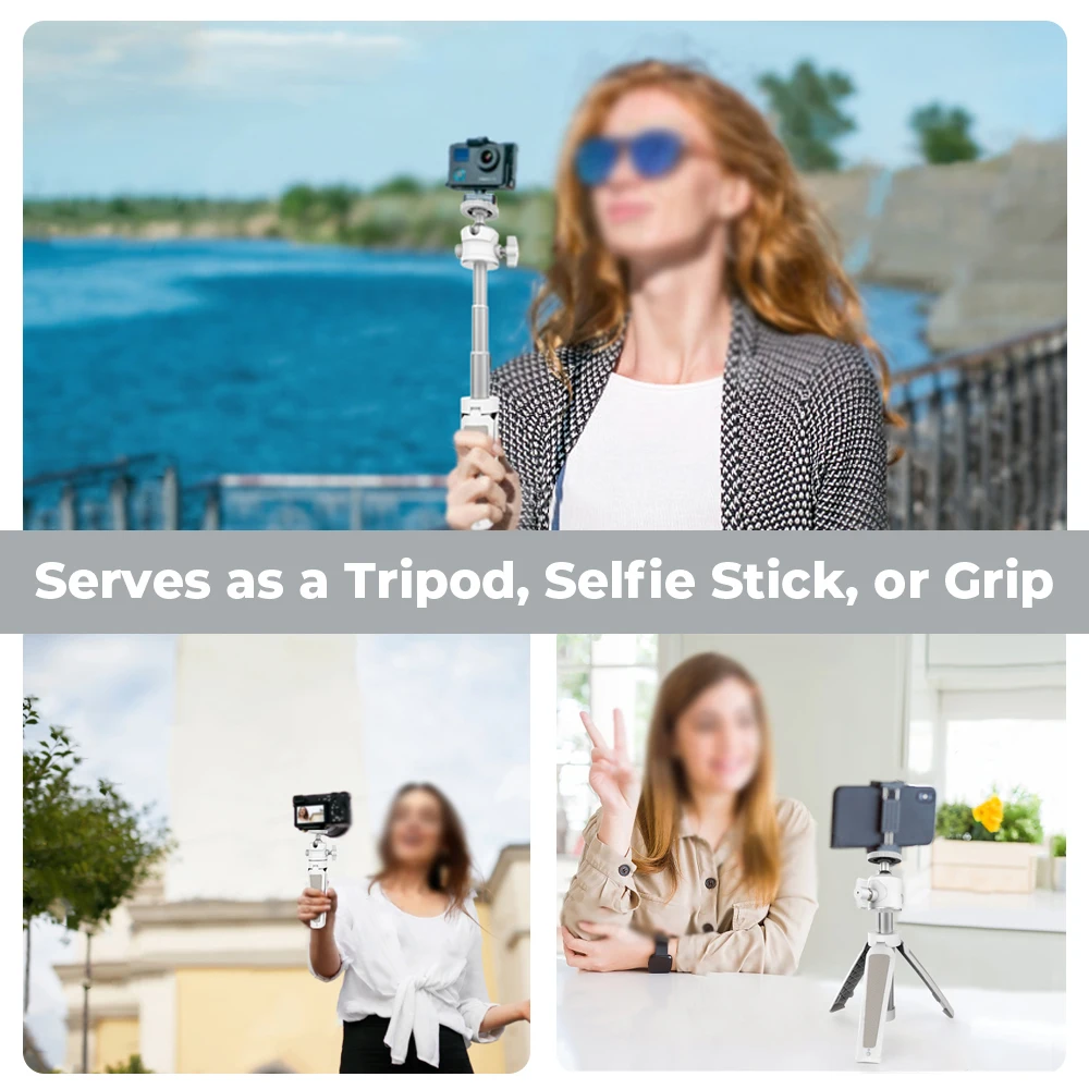 Kayulin Mini Extendable Desktop Tripod Handle Grip Stand with Flexible Ballhead 1/4" Screw Extend Mount for Phone Selfie Vlog ﻿