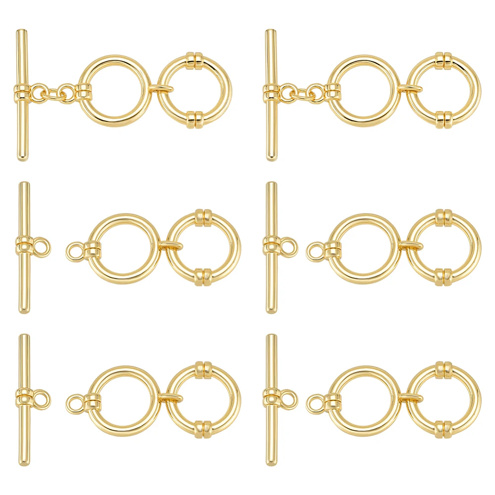 6 Pcs Real 14K Gold Plated Brass Toggle Clasps with Jump Rings 1.6 Inch 2 Round Rings Adjustable T-Bar Closure Clasps