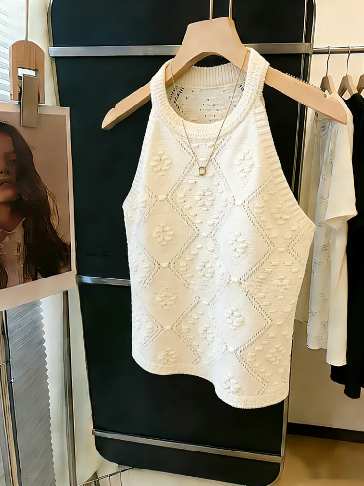 

Stylish Korean Version Knitted Neck Hanging Strapless Top for Young Women Summer New Arrival Slim Fit round Neck Short Length