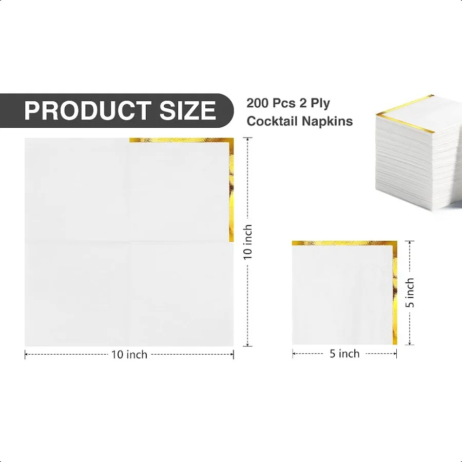 กระดาษเช็ดปากค็อกเทล 200 ชิ้น กระดาษเช็ดปากสีขาว 2 ชั้น ขอบสีทอง กระดาษเช็ดปากเครื่องดื่มลายฟอยล์สีทอง กระดาษเช็ดปากตกแต่งสำหรับงานเลี้ยงค็อกเทล